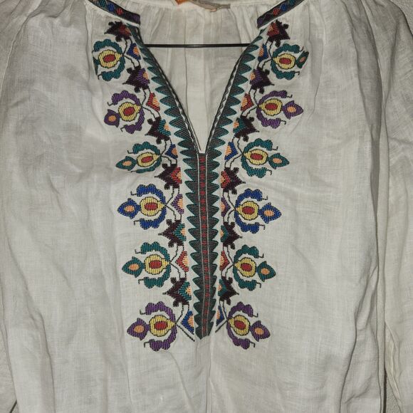 Tory Burch Embroidered Summer Linen Mini White Boho Dress V‎ Neck Womens Size M - Picture 3 of 9